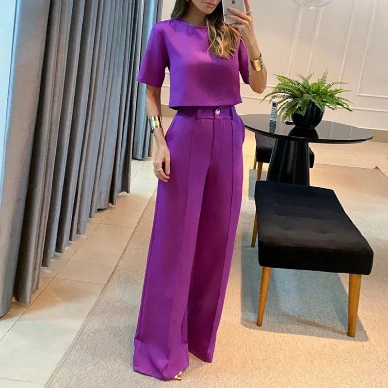 Office Outfits Fashion Solid Color Casual Wideleg Pants Short Sleeves Blouses Suits Elegant Commuting Summer Sets For Women 250225