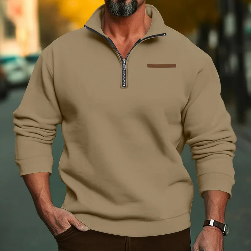 Autumn and winter stand up collar long sleeved semi open zipper sports shirt for mens casual loose fit full matching top 250304