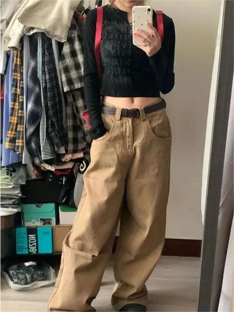 HOUZHOU Y2k Vintage Brown Woman's Cargo Jeans Oversize Japanese 2000S Style Spring Trousers Haruku Korean Wide Denim Pants