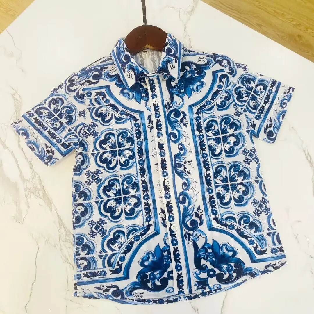style high end boy set blue flower shirt shorts boy clothing beach shorts summer soft cotton baby boy wear 250304