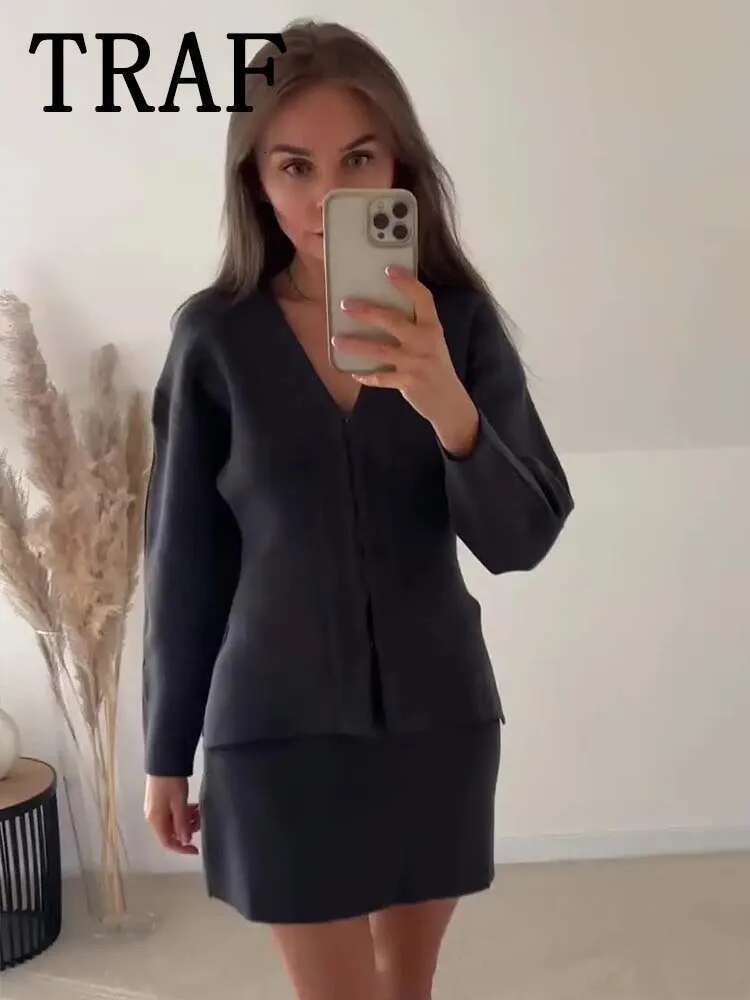 TRAF Mini Skirt Sets For 2 Pieces Knit Coat Suits New Two Piece Set Women Outfit Streetwear Clothing