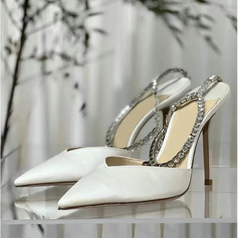 European Girls High Heels Summer Rhine-Diamond Chain Pointy Pink Sexy Skinny Toe Satin Pumps 250303
