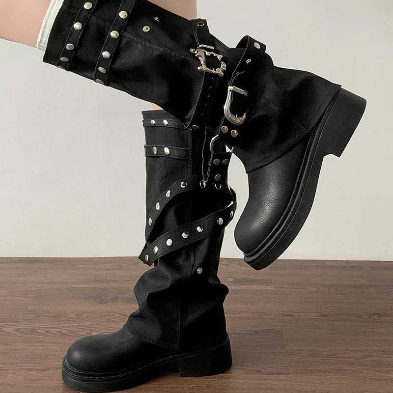 Designer Wen Trouser Legs High Boots Fion Punk Style Shoes Autumn Winter Thick Heel Ladies Knight Long Booties Z250304