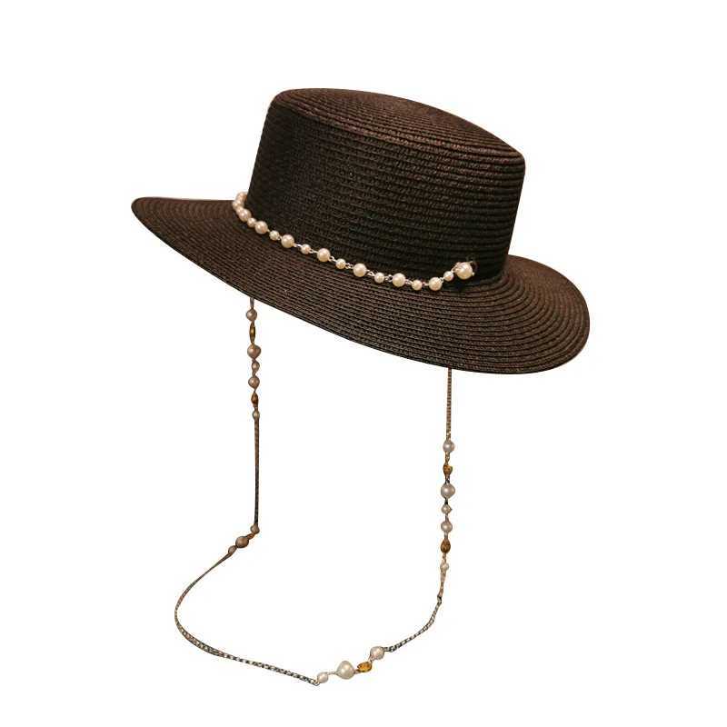 2023 Summer Elegant Pearl Chain Flat Sun Hats for Women Cheau Feminino Str Hat Panama Wide Brim Anti-UV Beach C Girl HatXJ250304