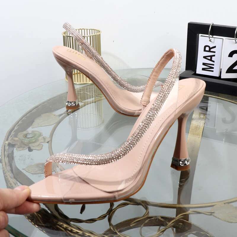high heels Pointed 2025 summer fishmouth transparent rhie stiletto sandals banquet fashion plus size women's shoes