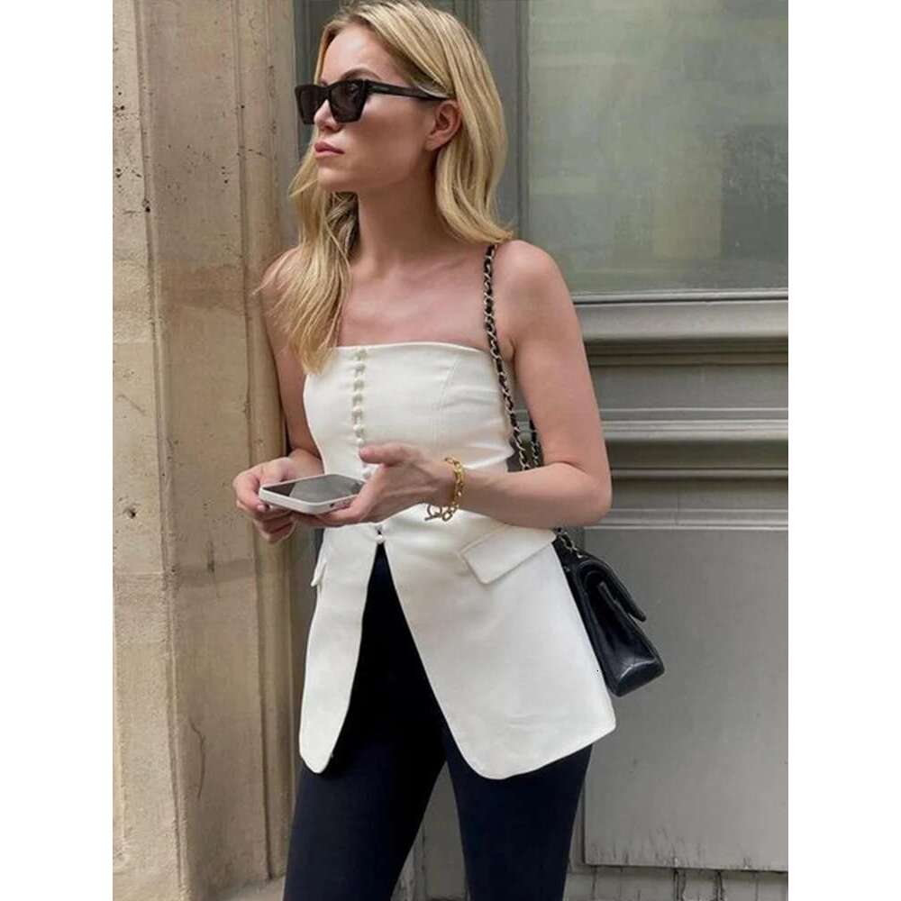 Top Elegant Tube Women Solid Off Shoulder Button Strapless Sleeveless Female Slim Tank 2025 Summer New Fashion Lady Streetwears