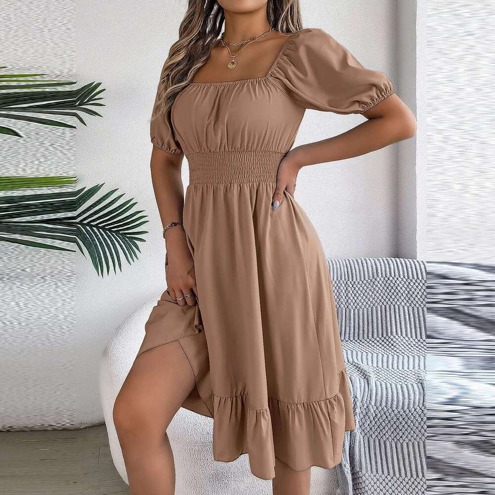 Elegant Women Spring Summer Puff Sleeve A e Vestidos Square Neck Tie Waist Ruched Casual Solid Long Dress