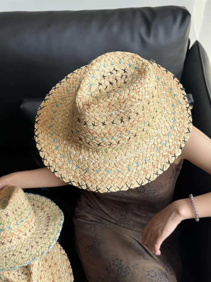 Raffia str Womens Bohemian Color Sewing str Hat Womens Sun Hat Beach Summer Vacation Panama HatXJ250304