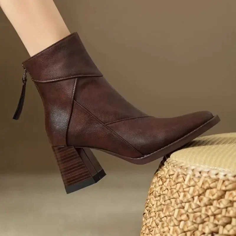 2025 New Boots Wen Shoes Chunky Ankle Goth Mid H Brand Winter Fion Pointed Toe Boots Motorcycle Botas Femme Z250304
