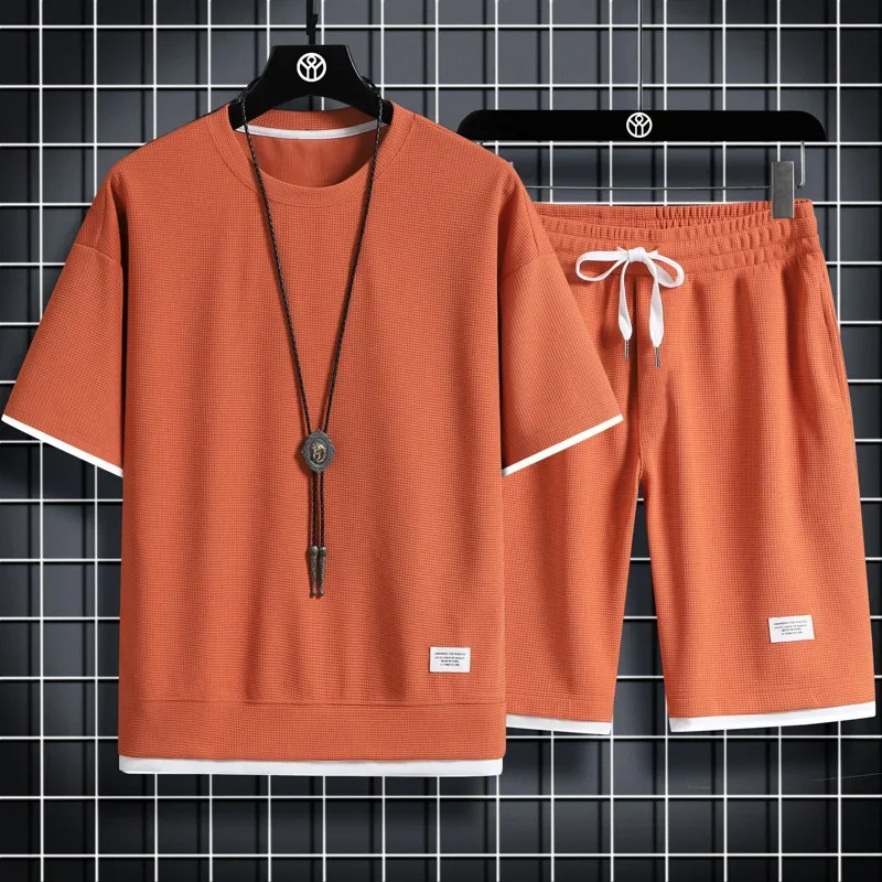 Mens Waffle Summer Suit Casual T-shirt Shorts Suit Mens Tracksuit Solid color tracksuit loose suit 250304