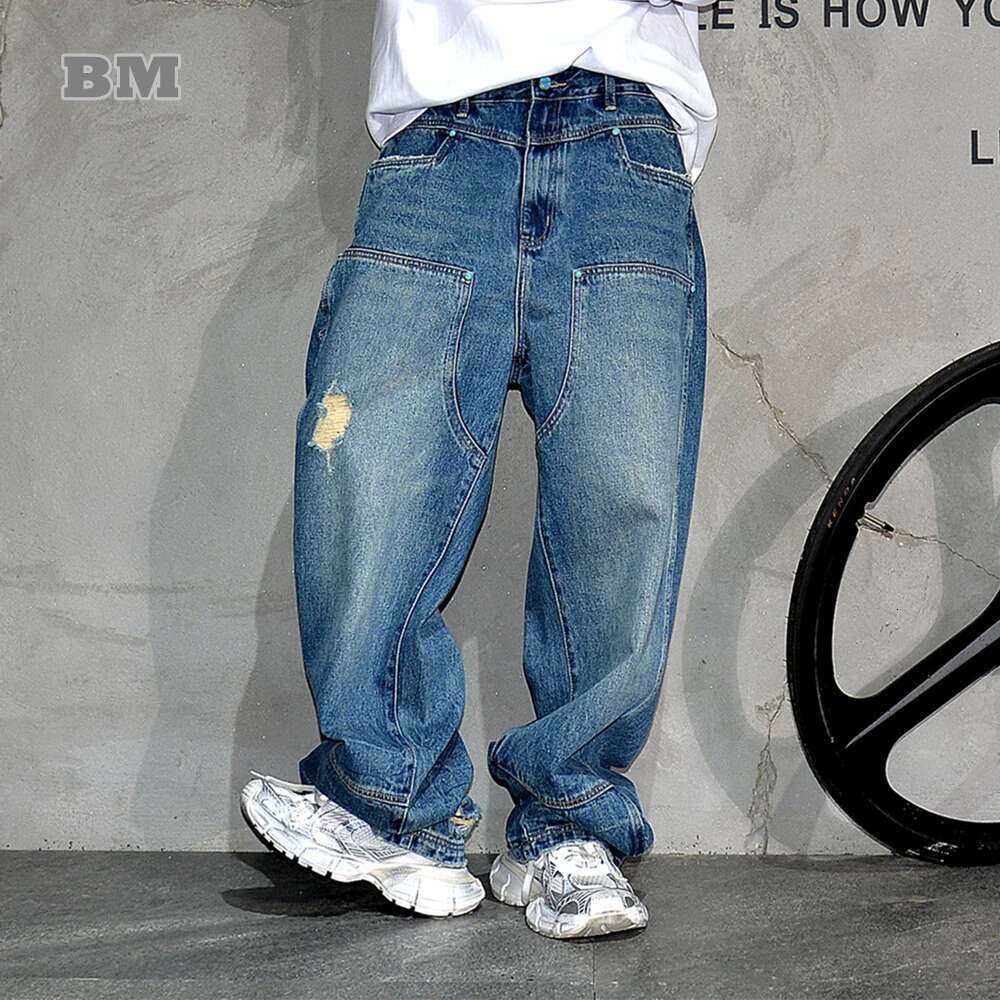 High End Baggy For Men Korean Fashion Stretch Denim Ripped Cargo Pants Hip Hop Trousers Streetwear Skateboard Jeans Male