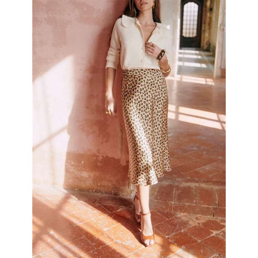 Retro Leopard Print Women Satin Midi Skirt Spring New Ladies A-E High Waisted Mid Length Jupe All-Match