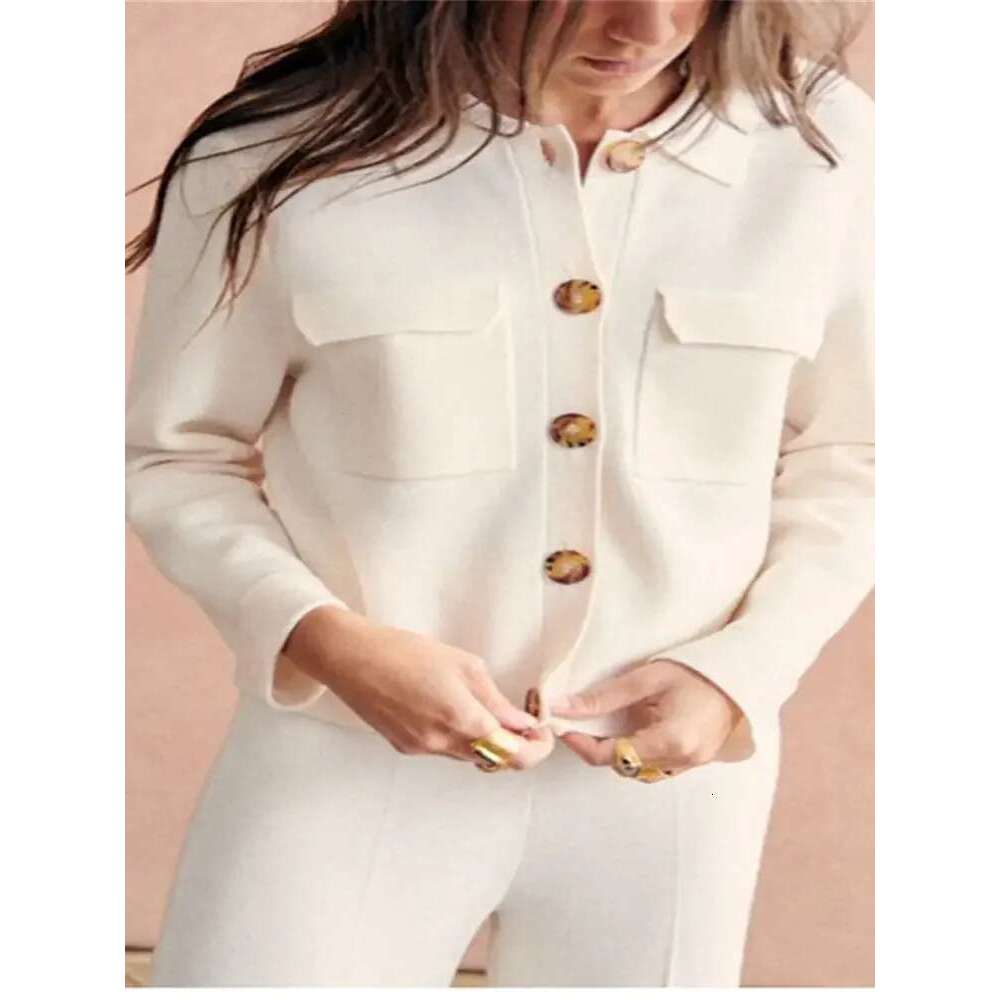 Women Knit Cardigan Solid Color Turn-Down Collar Knitwear Top Single Breasted Simple Sweater With Double Pockets For Female