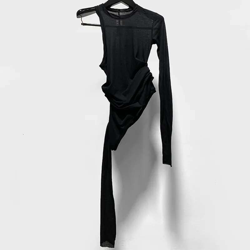 Fashion Women Brand Tulle T-Shirt Original Asymmetrical Sleeve Design Black Bottoming Tops Famous High Quality Knit Tees