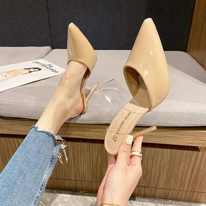 High Heel Pointed Toe High Heels Muller Slippers Women Summer Woman Fashion Metal Decoration Shallow Party Female Shoes