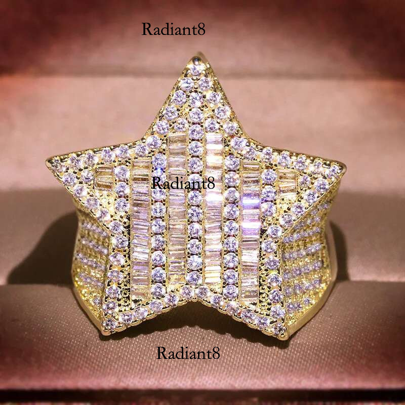 Sier Star Dia For Man/women Solid White /Yellow Gold Rings Shine Hiphop Jewlery Gifts