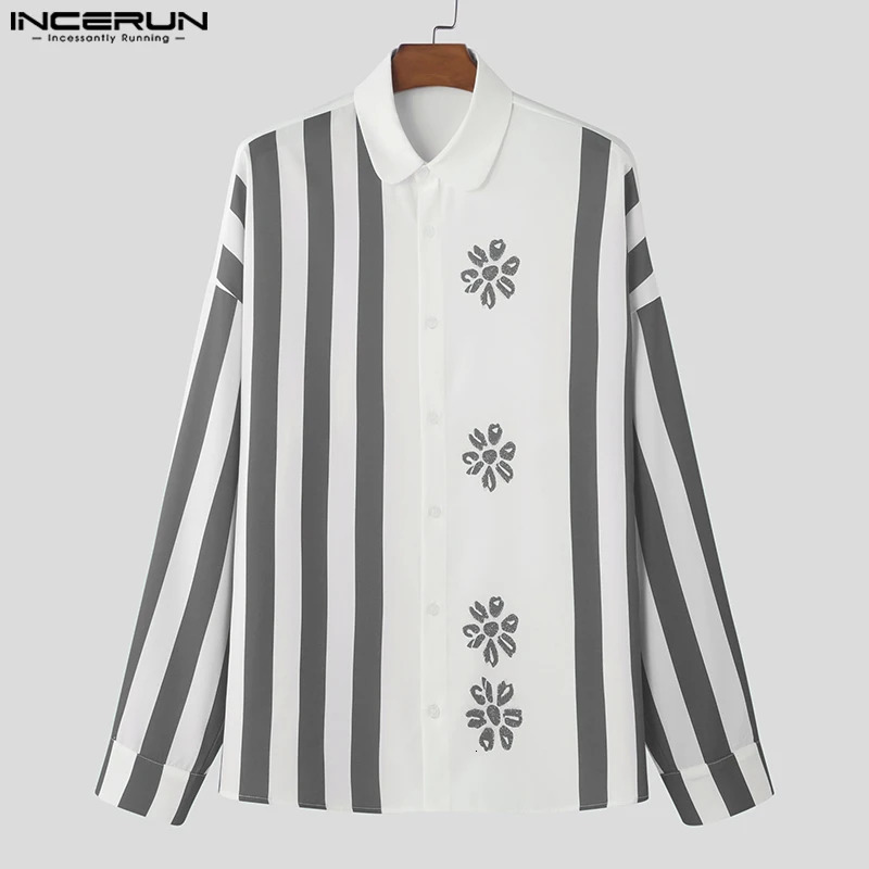 American Fashion Long Sleeve Shirts INCERUN Lapel Collar Floral Printing Stripe Splicing Tops Handsome Commuting Blouses 250227