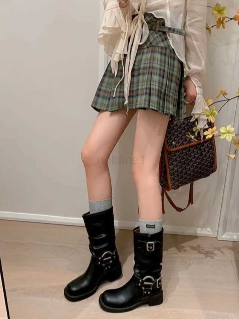 Square Toe Ladies Mid Calf Shoes Biker Brown Studded Middle Heel Wens Half High Boots Gothic Waterproof Pu Work S New In Z250304
