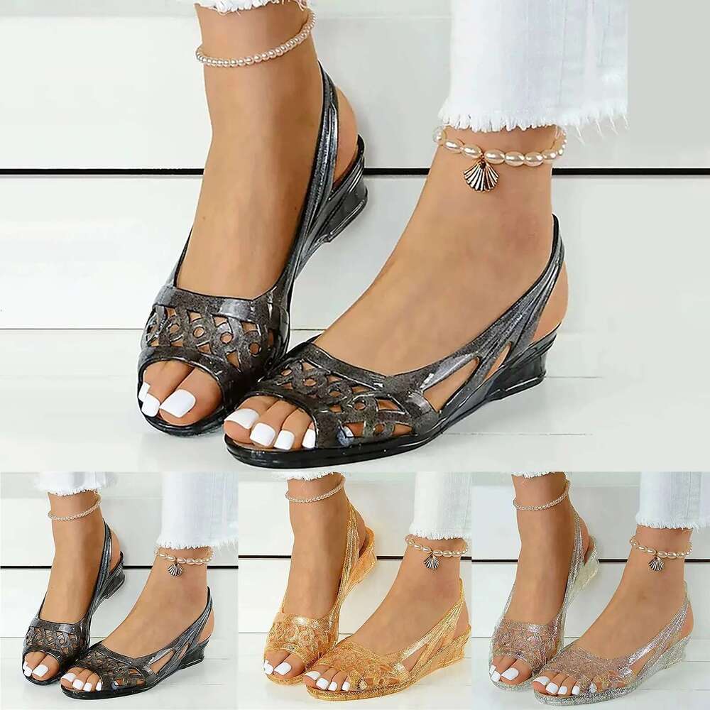 Sandals Women Hot Slip On Strap Fish Peep Toe Crystal Wedge Heel Slippers Shallow Mouth Back Cutout Holiday Shoes