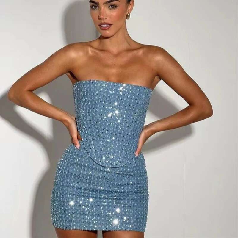 Denim For Women Summer Strapless Corset Crop Tops&Hole High Waist Skirts Sequins Two Piece Sets Party Club