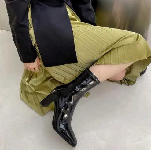Leather elastic leather boots mid-tube short boots autumn /winter new thick-heeled high-heel patent leather white wen boots Z250304