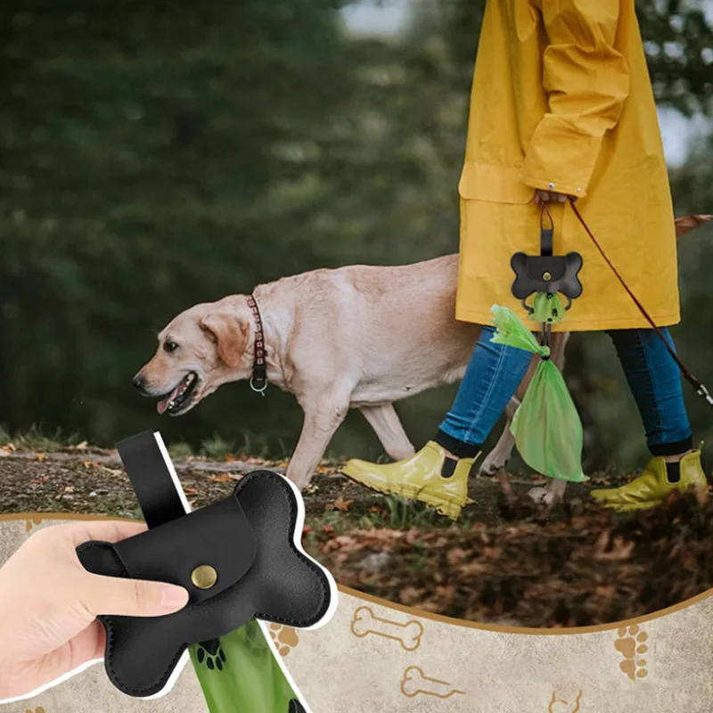 Dog Poop Pickup Bag Dispenser with Leash Clip Pet Waste Bag Dispenser for Dog Pooper Pet Outdoor PoopBag Leathers Holder