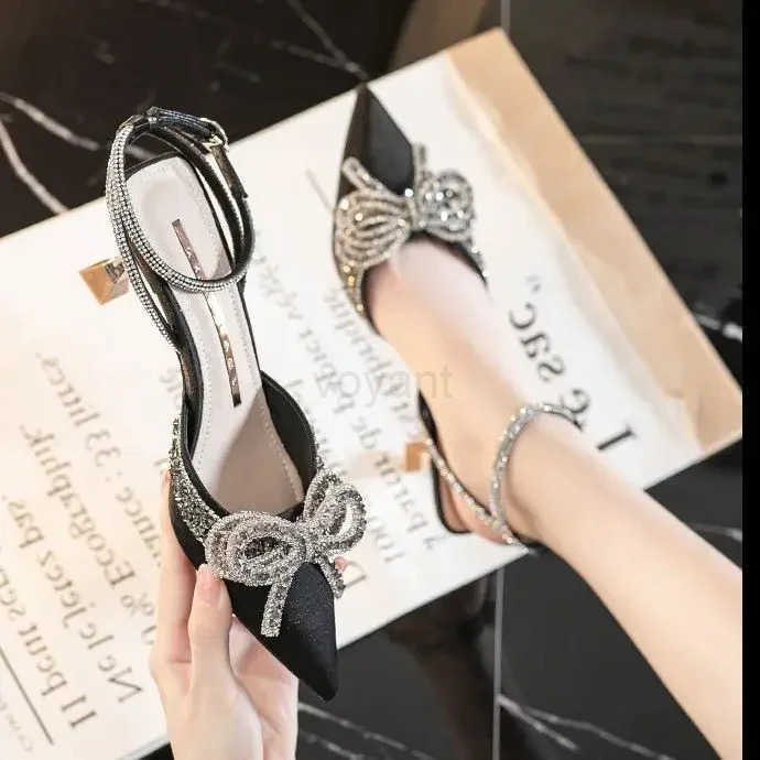 Wens Crystal Sandals Classic Fairy Bow High H Summer New Water Diamd Fine Heel Bridesmaid Wedding Shoes Z250304