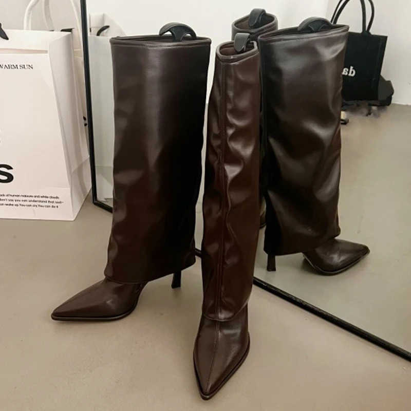 Party Modern Ladies Knee High Boots Pointed Toe Fion Pleated Wern Wen Long Boots Shoes Fem Pumps H Shoes Z250304