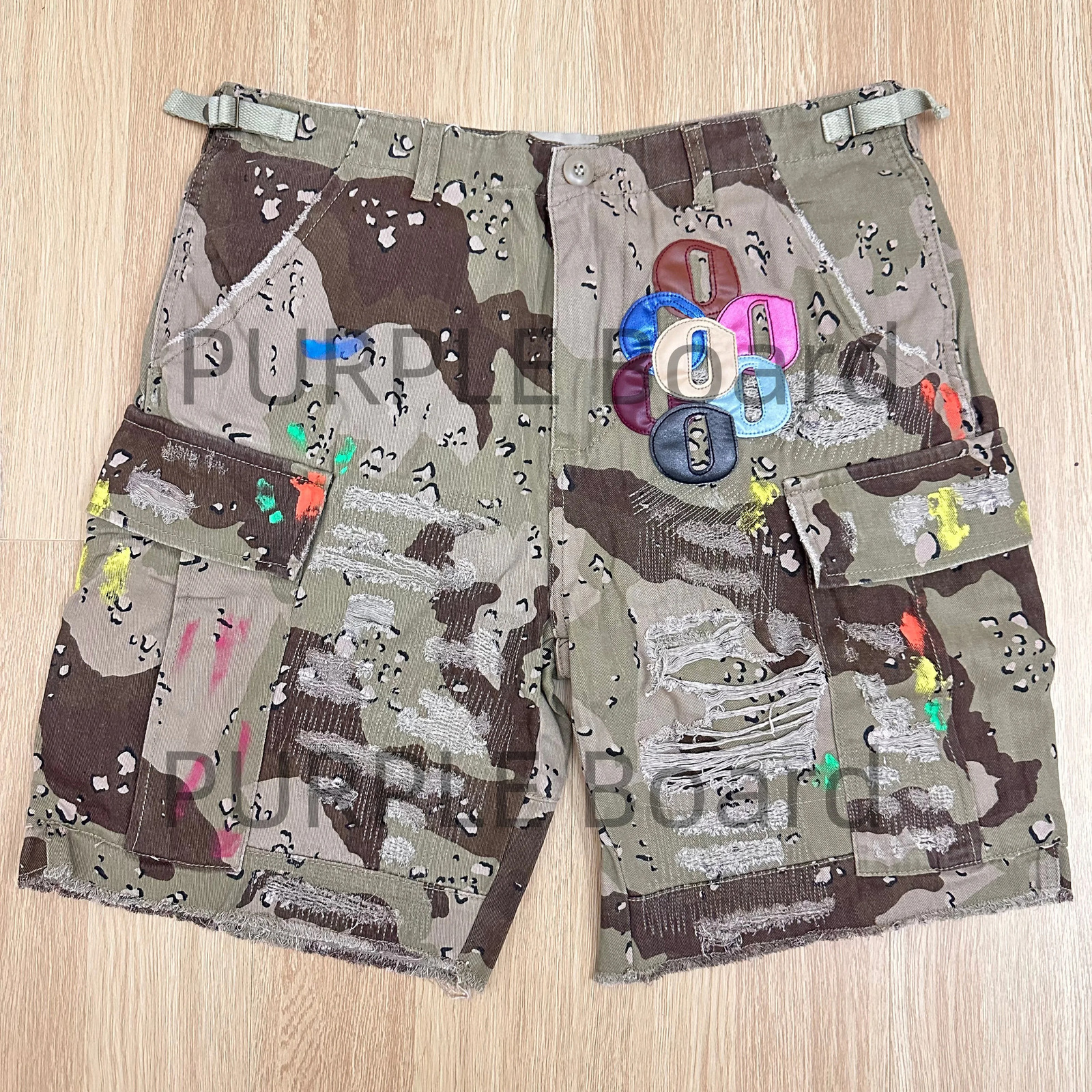 Mens Summer Camouflage Shorts Colored Splicing Leather Letter Knee Jeans Tactical Khaki Shorts 250303