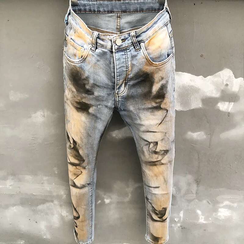 High Street Blue Men's Trendy Paint Inkjet Small Feet Elastic Jeans Hip Hop Stretch Trousers Jean For Men Motorcycle Pants