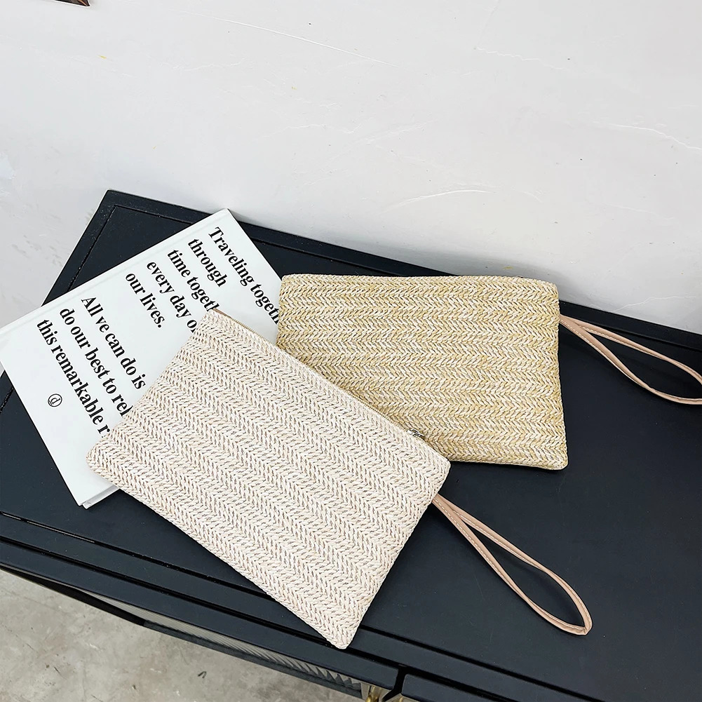 Fashion Women Bohemian Woven Clutch Wristlet Bag Casual Ladies Summer Beach Solid Color Small Handbags Purse White Beige Gifts R250312