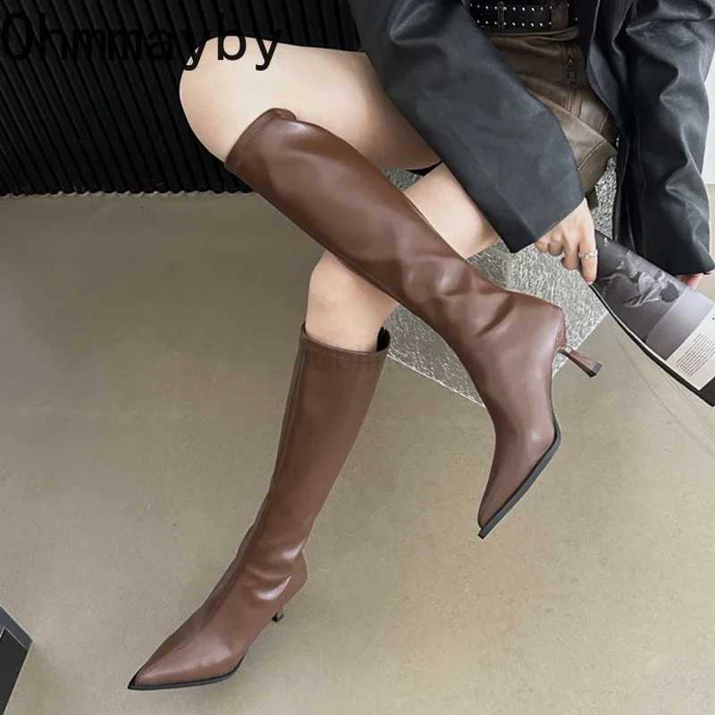 Soft Leather Pointed Toe Knee High Boots High H Zipper Wen Pumps Ladies Long Streh Modern Boots Z250304