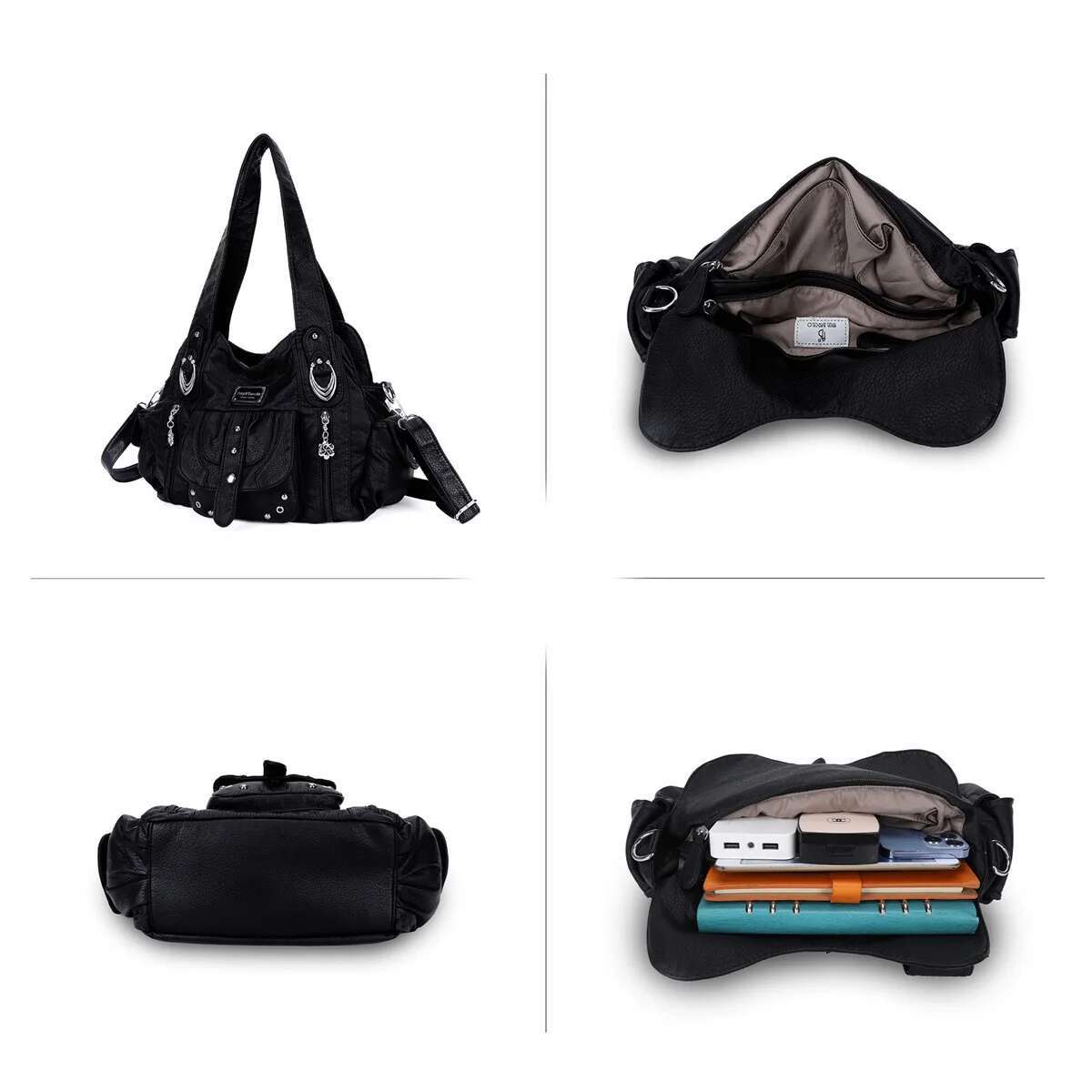 Angelkiss Fashion PU Shoulder Casual Black Hobo Handbag Satchel Large Vintage Women's Bag Cell Phone Pocket Purse