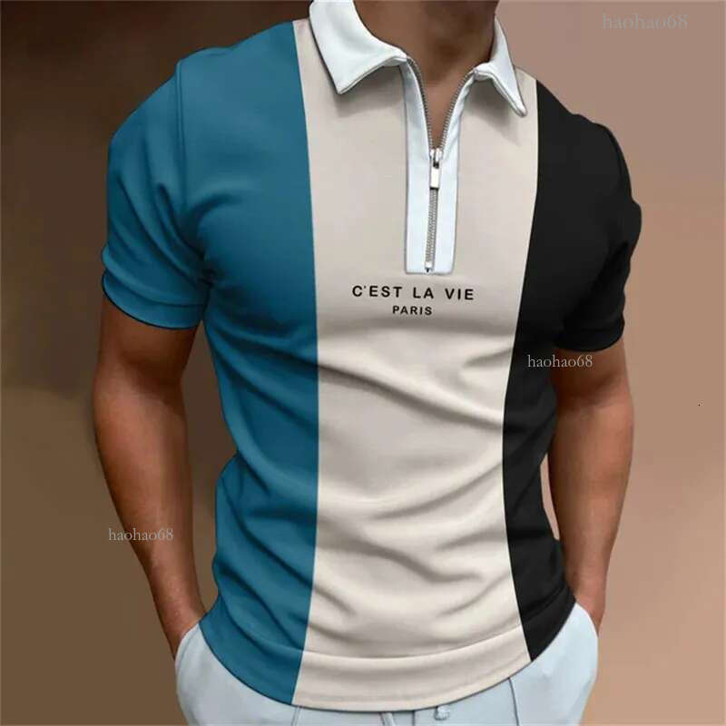 Mens Hawaiian Fashion Polo Shirt For Men Harajuku Summer Stripe Plaid Print T Shirt Zipped Lapel Golf Polo Top 2