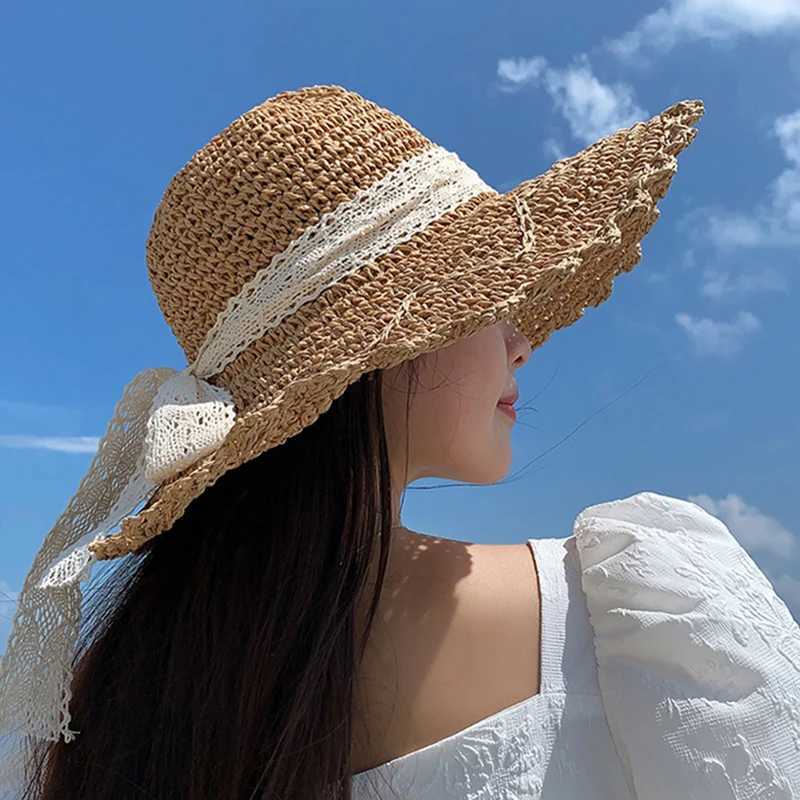 Womens lace sun hat wide Brim Str Beach C summer sun hat foldable sun hatXJ250304