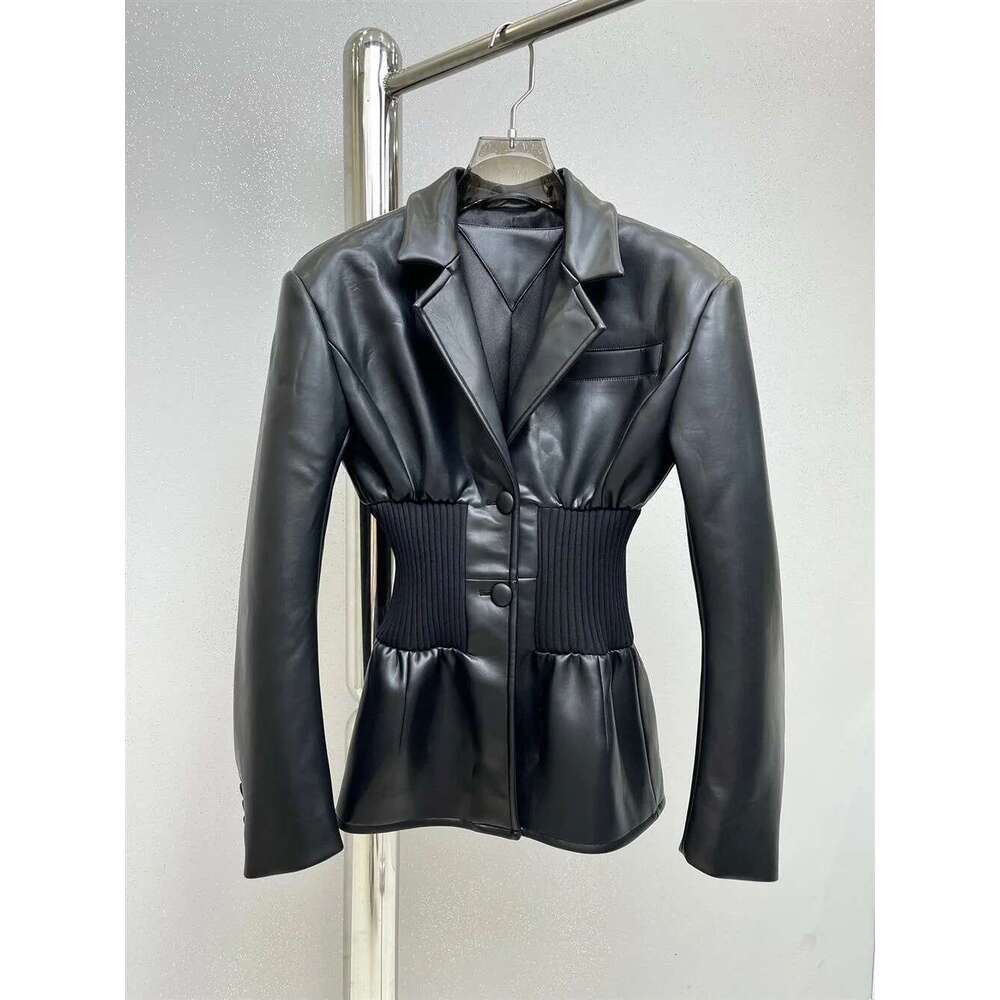 Fashion Women's Blazer Notched Collar PU Patchwork Knitted Super Waist Silhouette Suit Jackets Spring 2025 New 17A2010h
