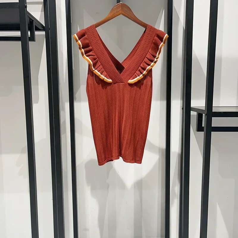 2025 Women Summer Fancy Color Block Ruffle Lace V-Neck Thin Sleeveless Knitted Slim Vest