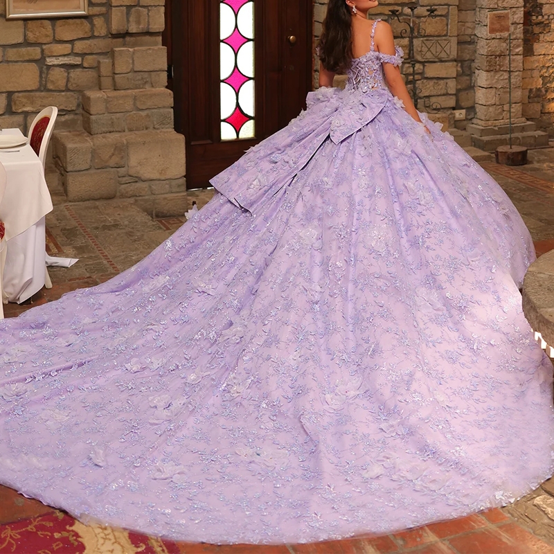 Lilac Shiny Quinceanera Dresses Ball Gown Off The Shoulder Sequin Applique Flower Beading Bow Tull Party Birthday Sweet 16 Vestidos De 15 Anos