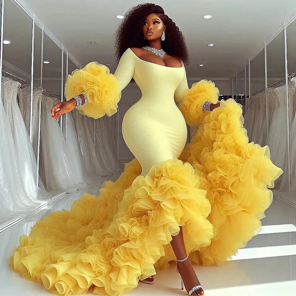 Stylish Ruffles Tiered Mermaid Prom Dresses African Long Sleeves Yellow Pageant Party Gowns Scoop Neck Back Zipper Elegant Evening Dress