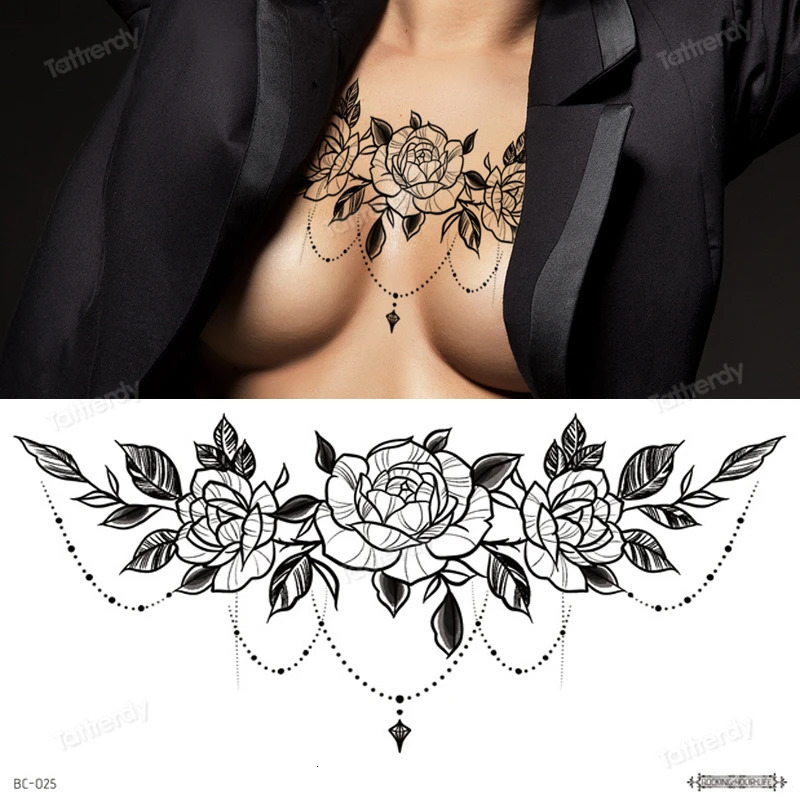 body jewel sticker Big temporary tattoos black henna lace sternum tattoo chest waterdecal flowers rose peonies mandala pattern 250219
