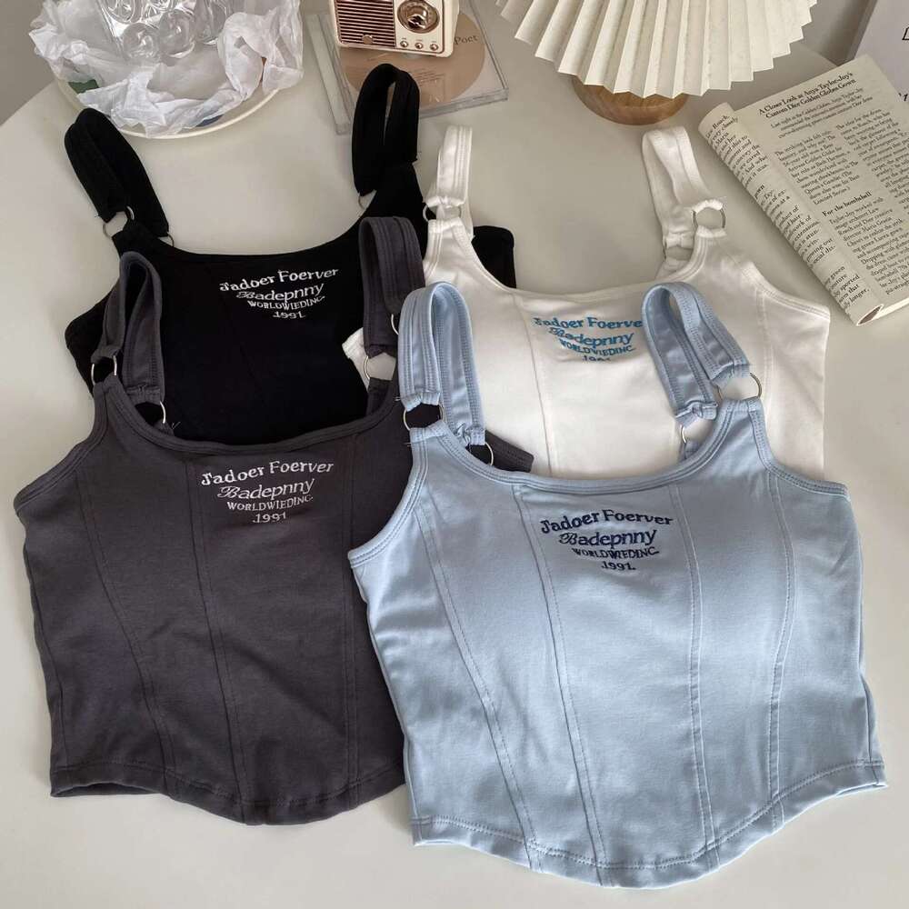 Spring Sexy New Print Letter Short Tank Tops Women'S Irregular Crop Top Y2k Summer Buckle Vest Embroidery With Bra Pad