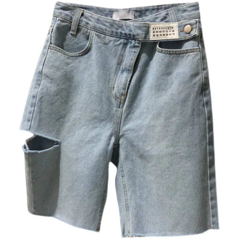 Large Size Hole Denim Shorts Summer Womens Chic High Waisted Five Point Fashion Casual Straight Leg Shorts 250303