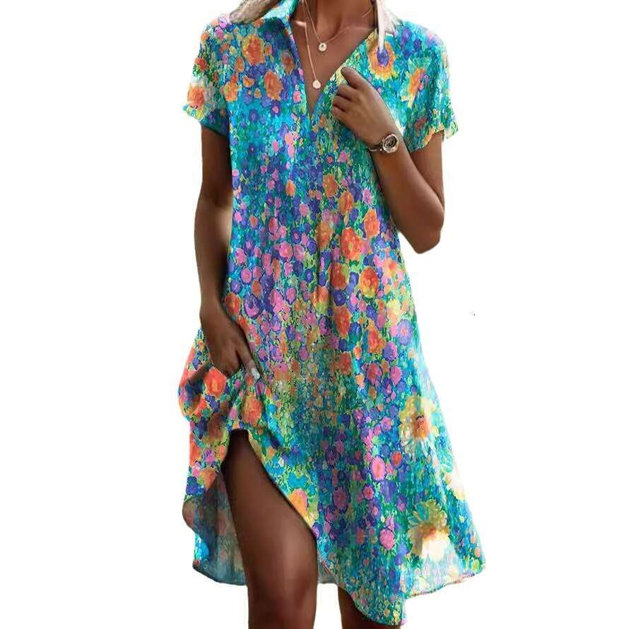 European and American Summer New Round Neck Short sleeved Long Skirt Bohemian Printed Dress Women's 2025 temperament versatile new trendy clothin
