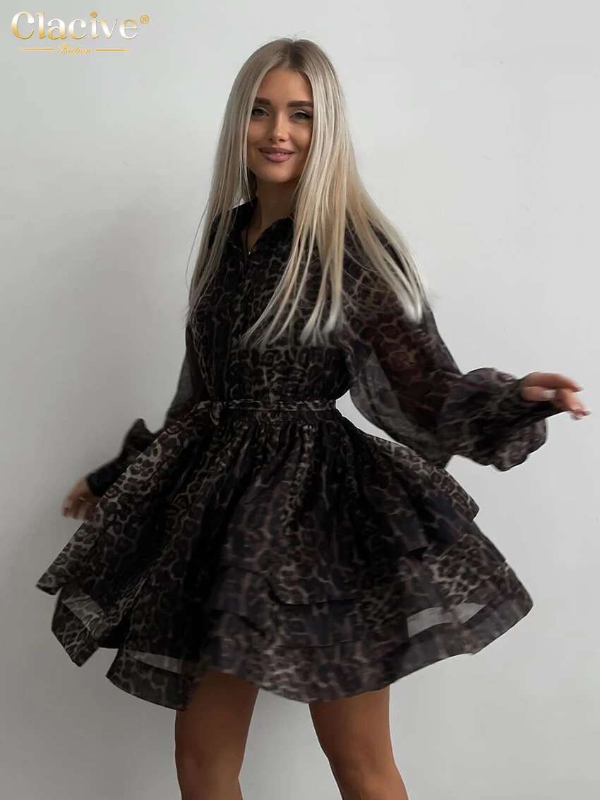 Clacive Fashion Leopard Print Women's 2024 Vintage Lapel Long Sleeve Mini Dresses Elegant High Waist Pleated Female Dress