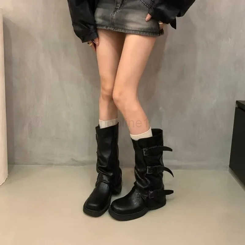 Round Toe Belt Buckle Wen Boots Fion Flat Sole Mid Calf Autumn Niche Design Patent Leather Soid Wen Shoes New Arrivals Z250304