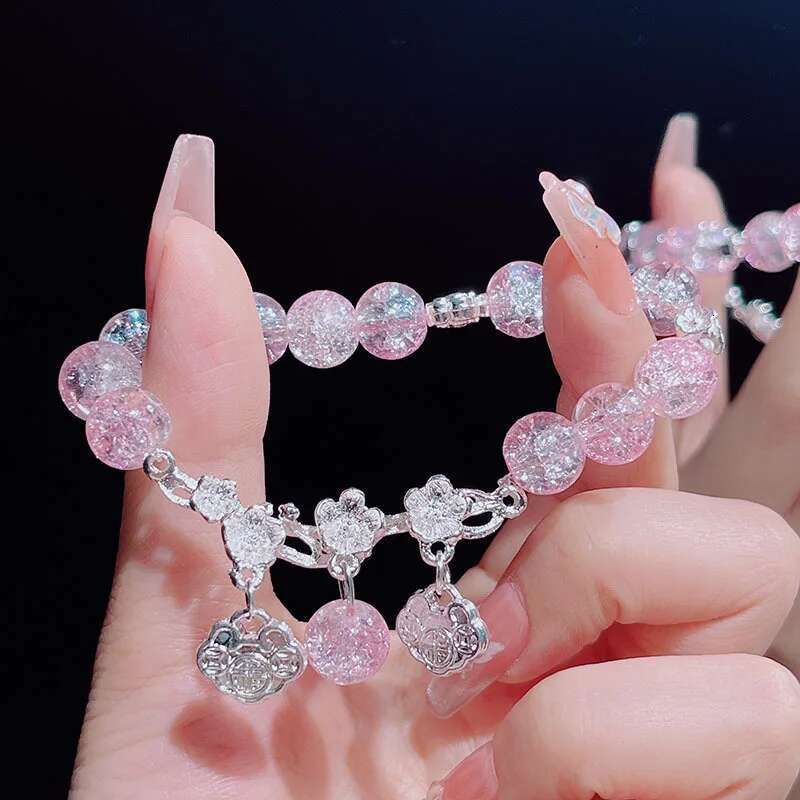 Lovely Women Hand Bracelets Butterfly Heart Bell Tassel Lock Ice Cracked Beaded Glass Beads Stretch Bangle Student Jewelry 1164