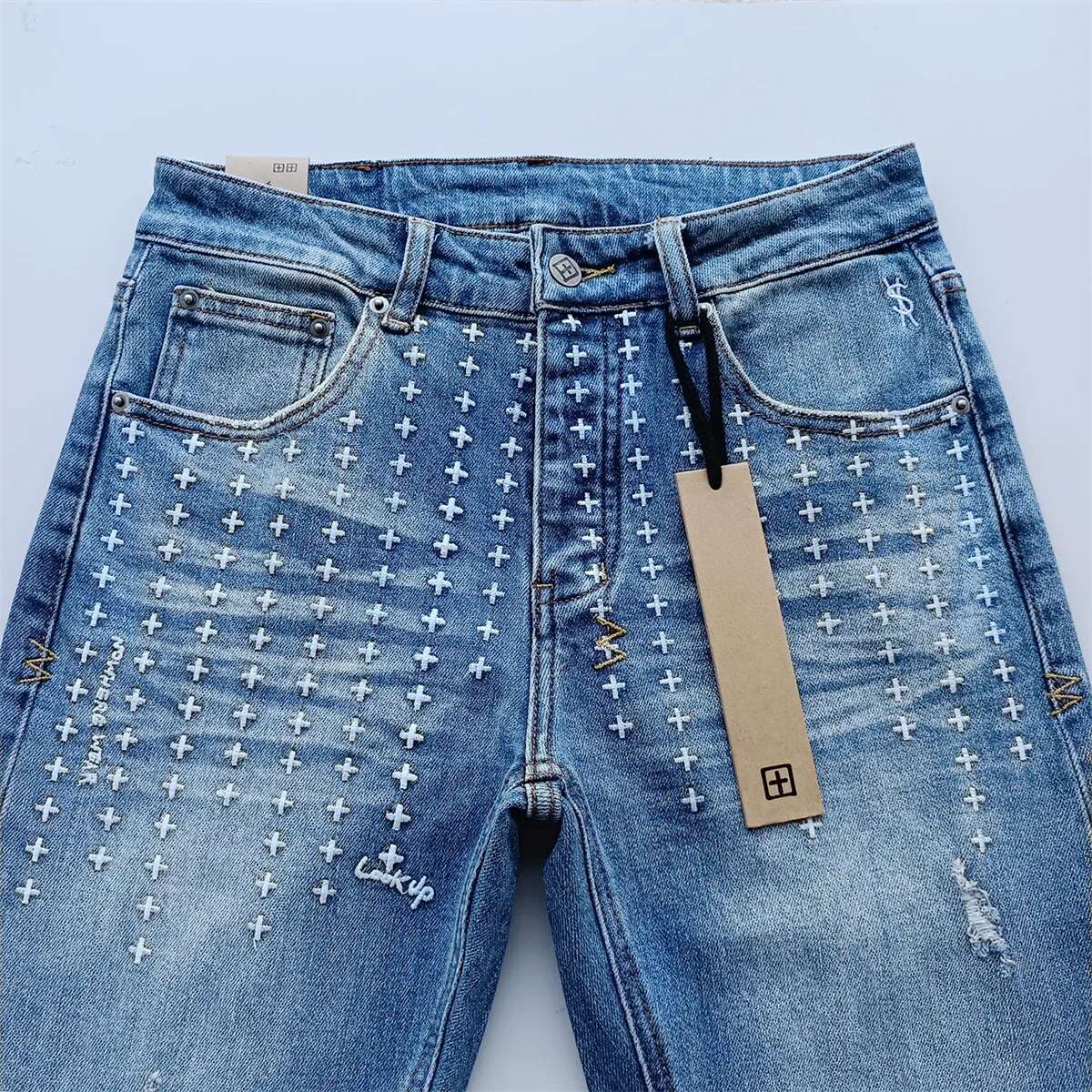 American High Street KSUBI Cross Jeans Men Fashion Brand Retro Wash Blue Hole Patch Daily Casual Low Rise Elastic Straight Pants