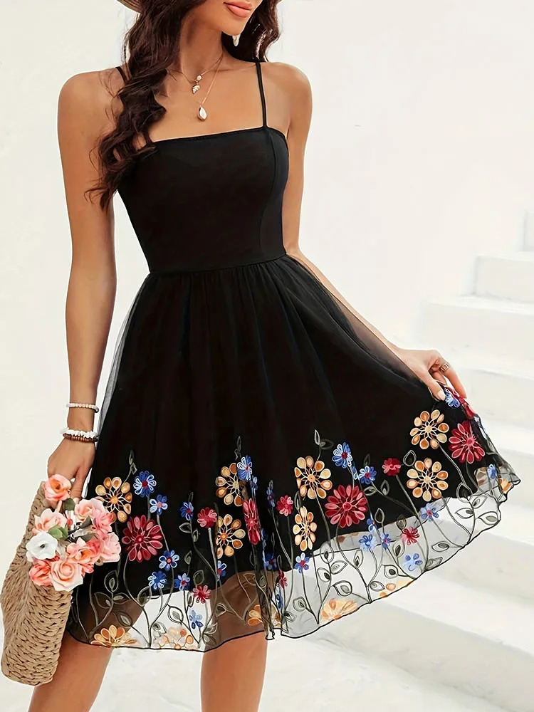 Womens Stylish vintage Sling Dress Holiday Sexy embroidered Short Summer Camisoles Backless Sleeveless Casual Slip 250227Z