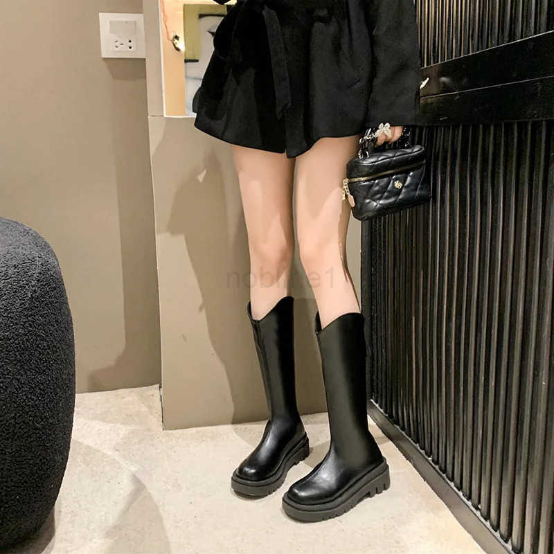 Korean Big Size Long Boots for Wen Fion Casual Autumn Winter Black Leather Platform Shoes Fem New Designer Knight Boots Z250304