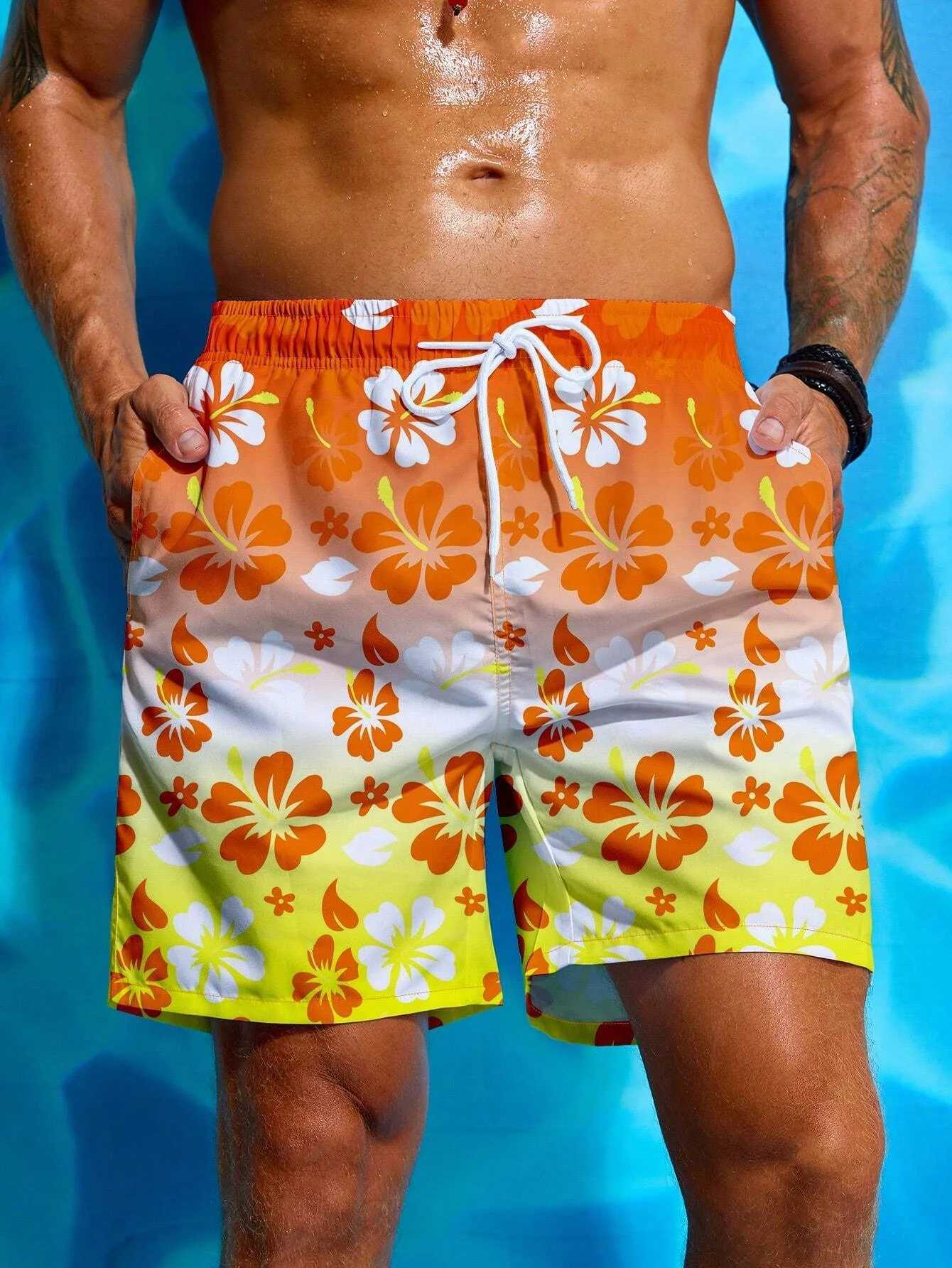 Floral Print Drawstring Mens Beach Short Mens swim Trunks Elastic Waist 3D Print Gradient Breathable Short Streetwear PolysterT250304